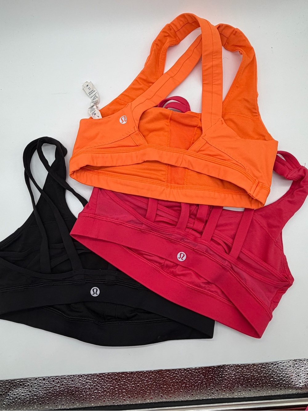 THREE lululemon athletica Strappy Sports Bra Trio — Orange, Pink, Black SZ 4.